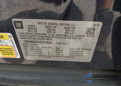 2015 Chevrolet Traverse 1Lt из США, поврежденный, VIN 1GNKRGKD1FJ376529